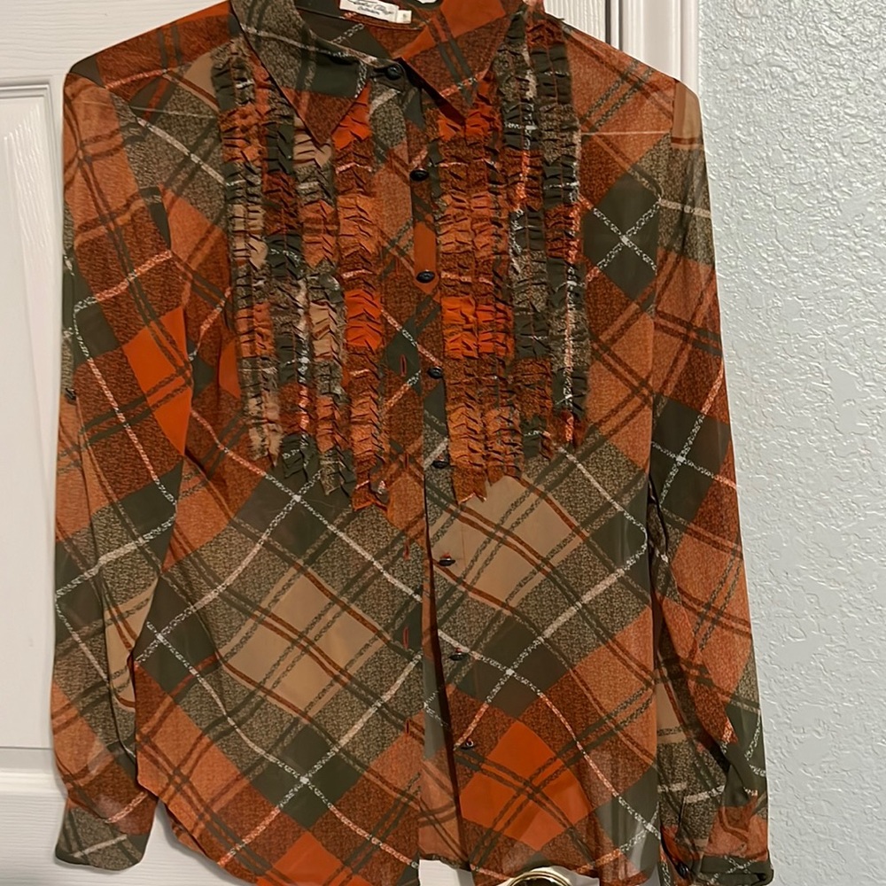 Beautiful ruffle front fall blouse. Orange and green. NWOT